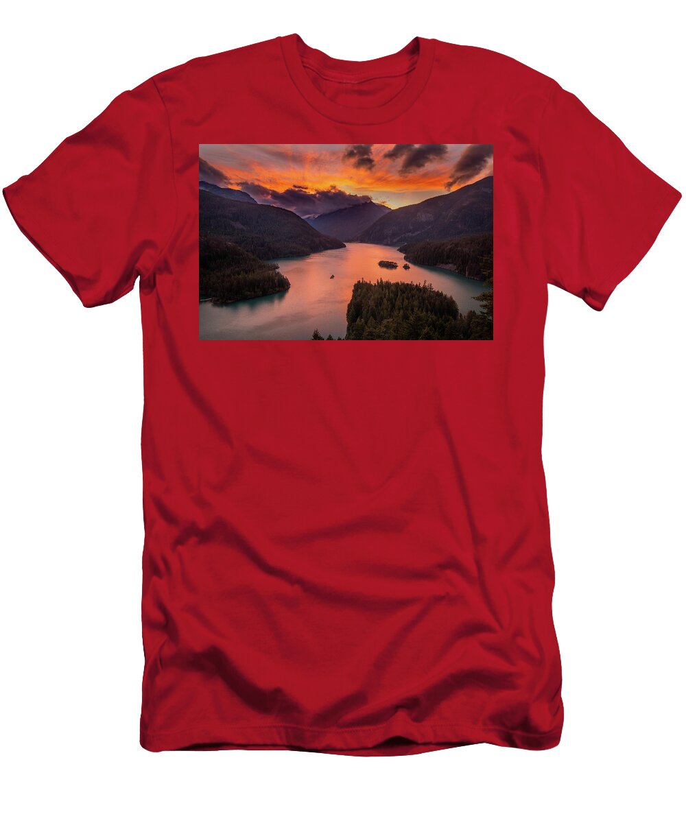 Lake Diablo At Sunset Aerial Photography of Lake Viewing Mountain Under Orange Skies Julien T-Shirt