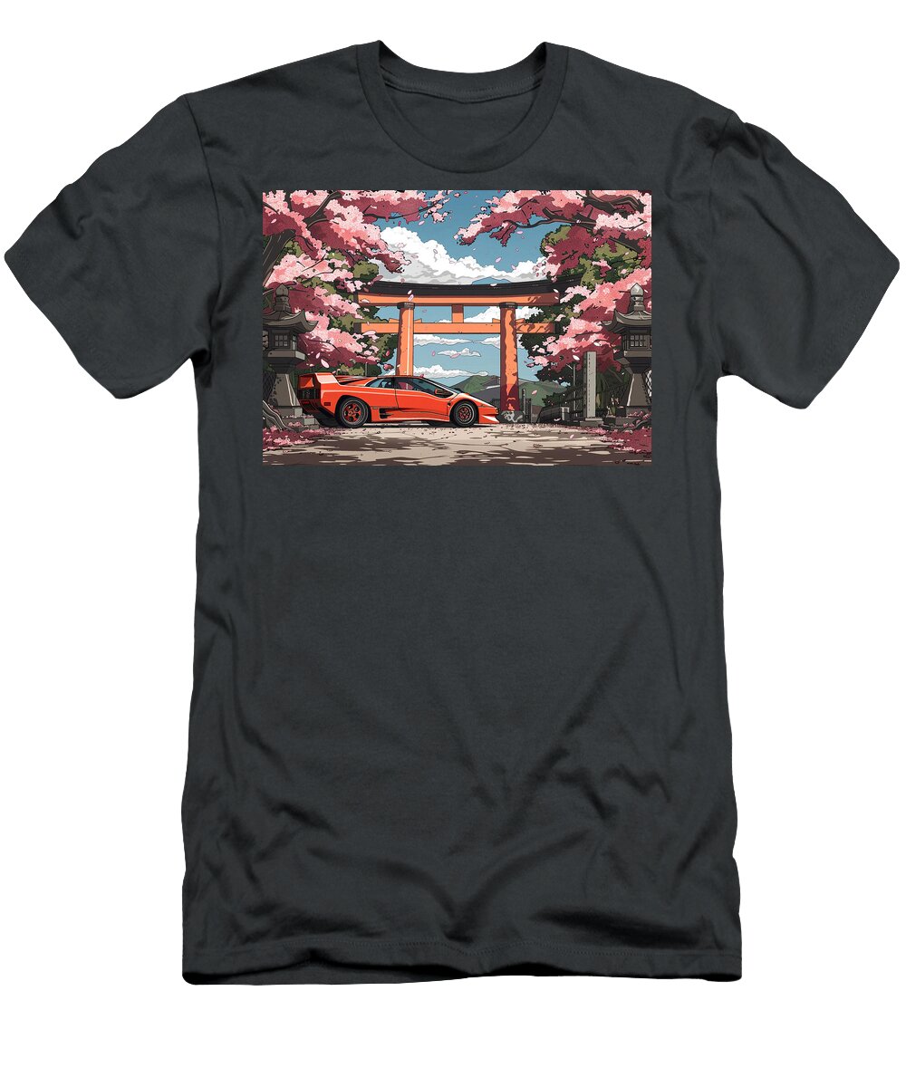Lamborghini Diablo Red Sports Car Under Cherry Blossoms and a Japanese Gate Destiney Sullivan T-Shirt