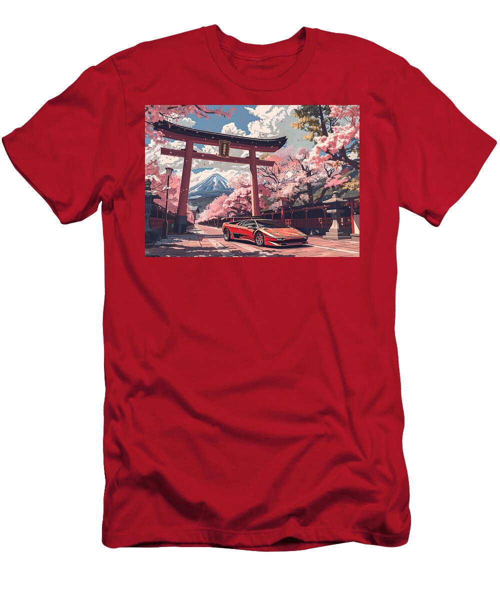 Lamborghini Diablo Se30 Red Sports Car Under Cherry Blossoms and Mountain View in Japan Destiney Sullivan T-Shirt