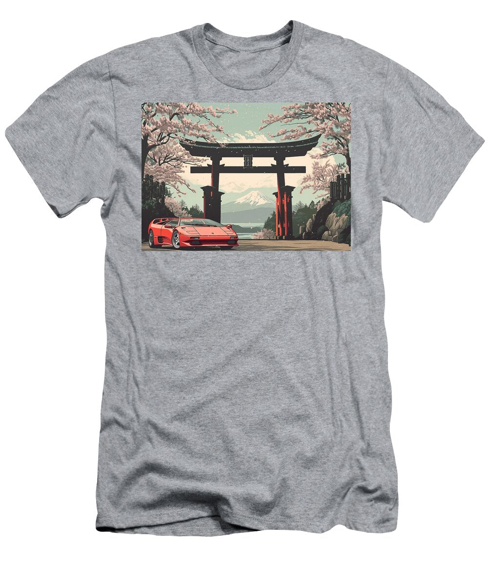 Lamborghini Diablo Vt Red Sports Car Under Cherry Blossoms and Mount Fuji Destiney Sullivan T-Shirt