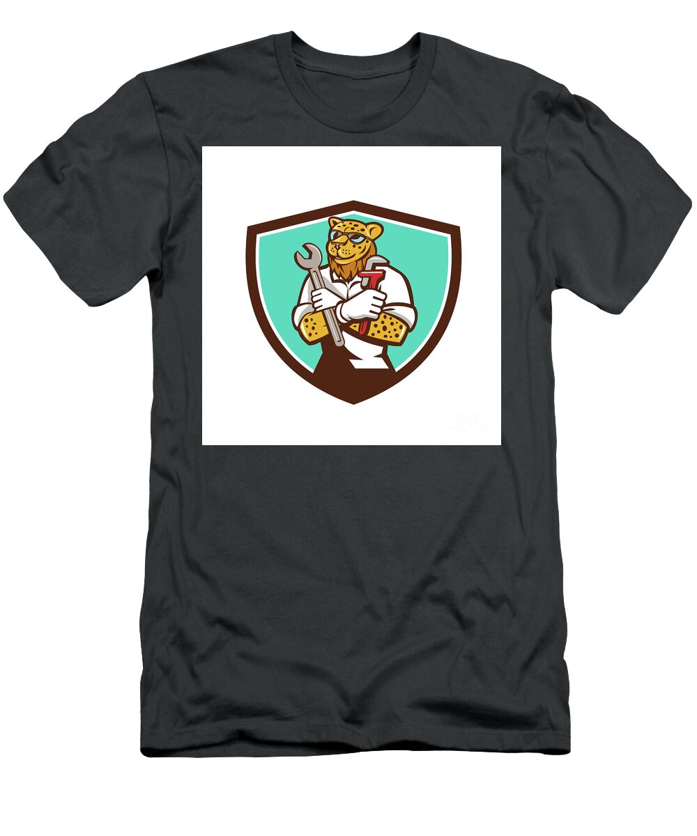 Leopard Mechanic Spanner Monkey Wrench Crest Cartoon Aloysius Patrimonio T-Shirt