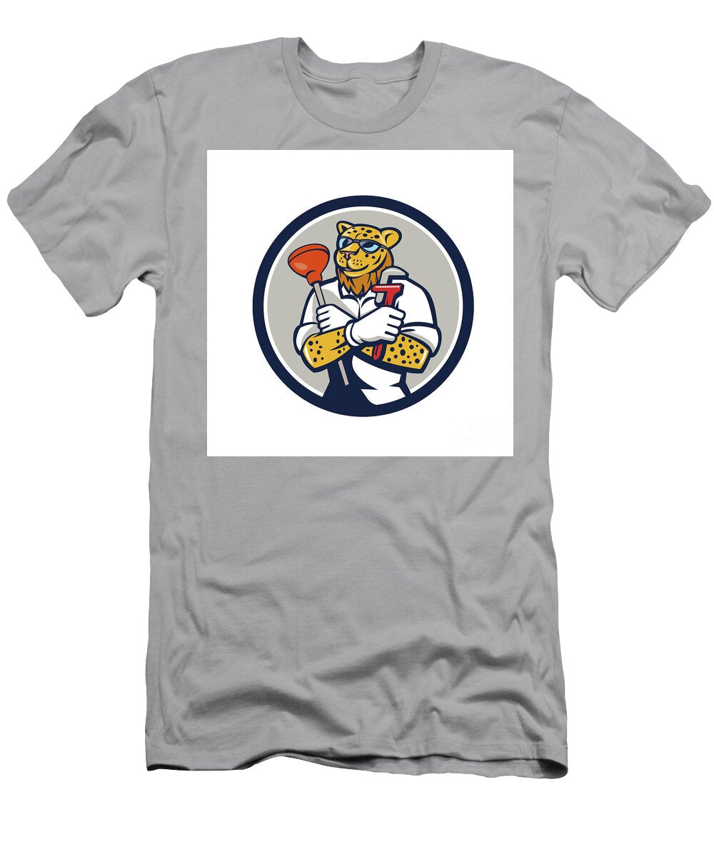 Leopard Plumber Wrench Plunger Circle Retro Aloysius Patrimonio T-Shirt
