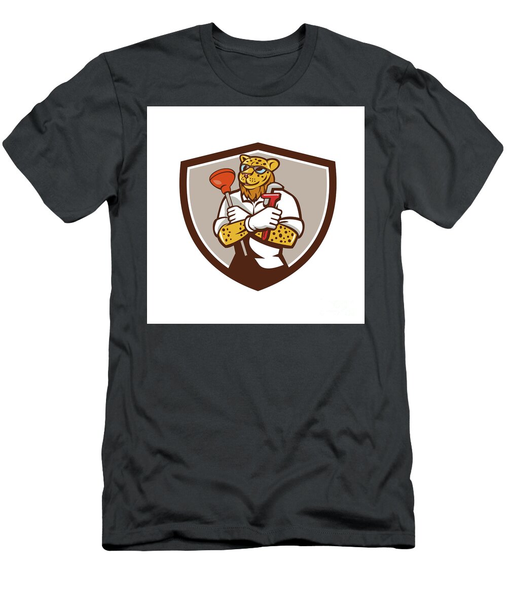 Leopard Plumber Wrench Plunger Crest Retro Aloysius Patrimonio T-Shirt