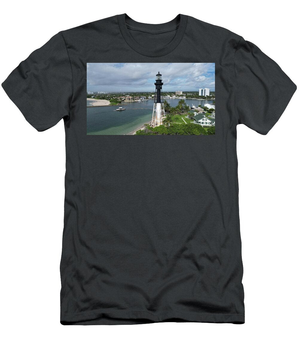 Lighthouse Overlooking Coastal Town Drone Overwatch Solutions T-Shirt