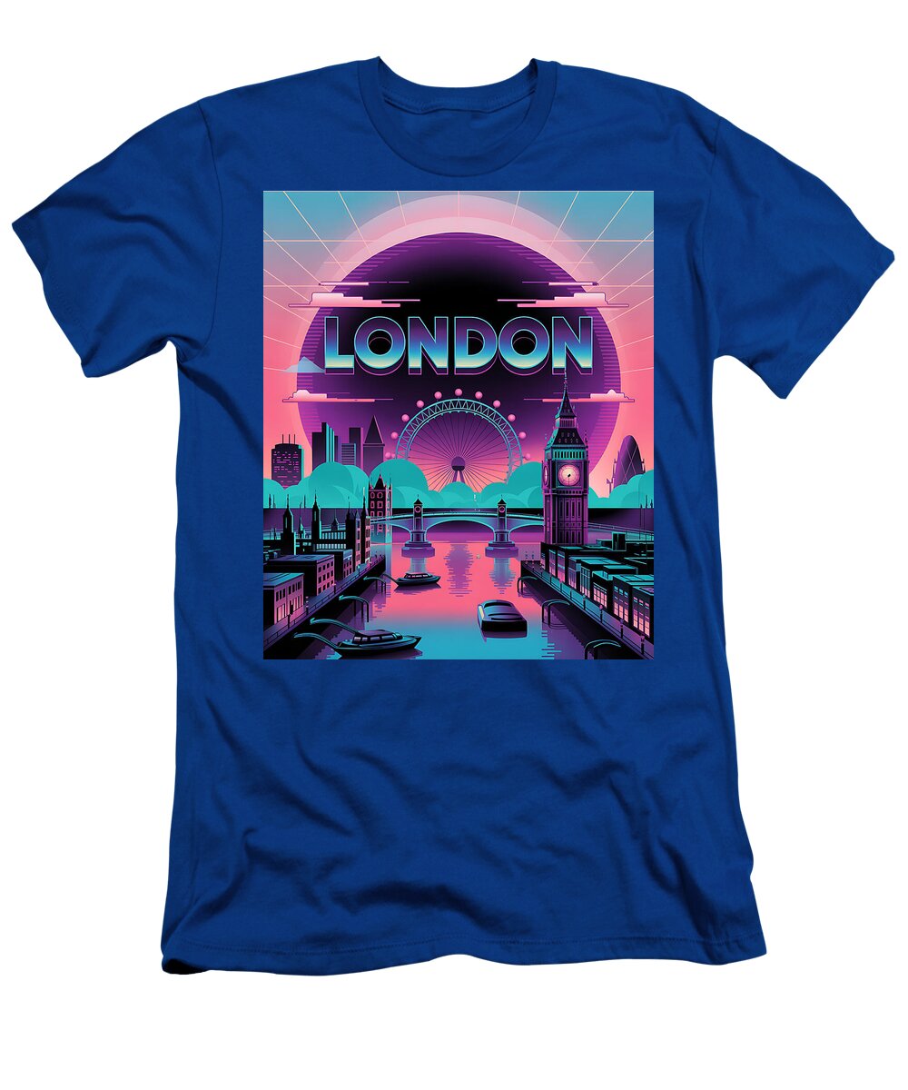 London Cityscape in Vaporwave Fog with Retro London Typography Hakim Degou T-Shirt