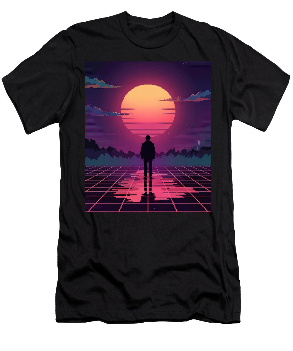 Lone Figure on Vaporwave Grid Staring At Neon Sun Hakim Degou T-Shirt