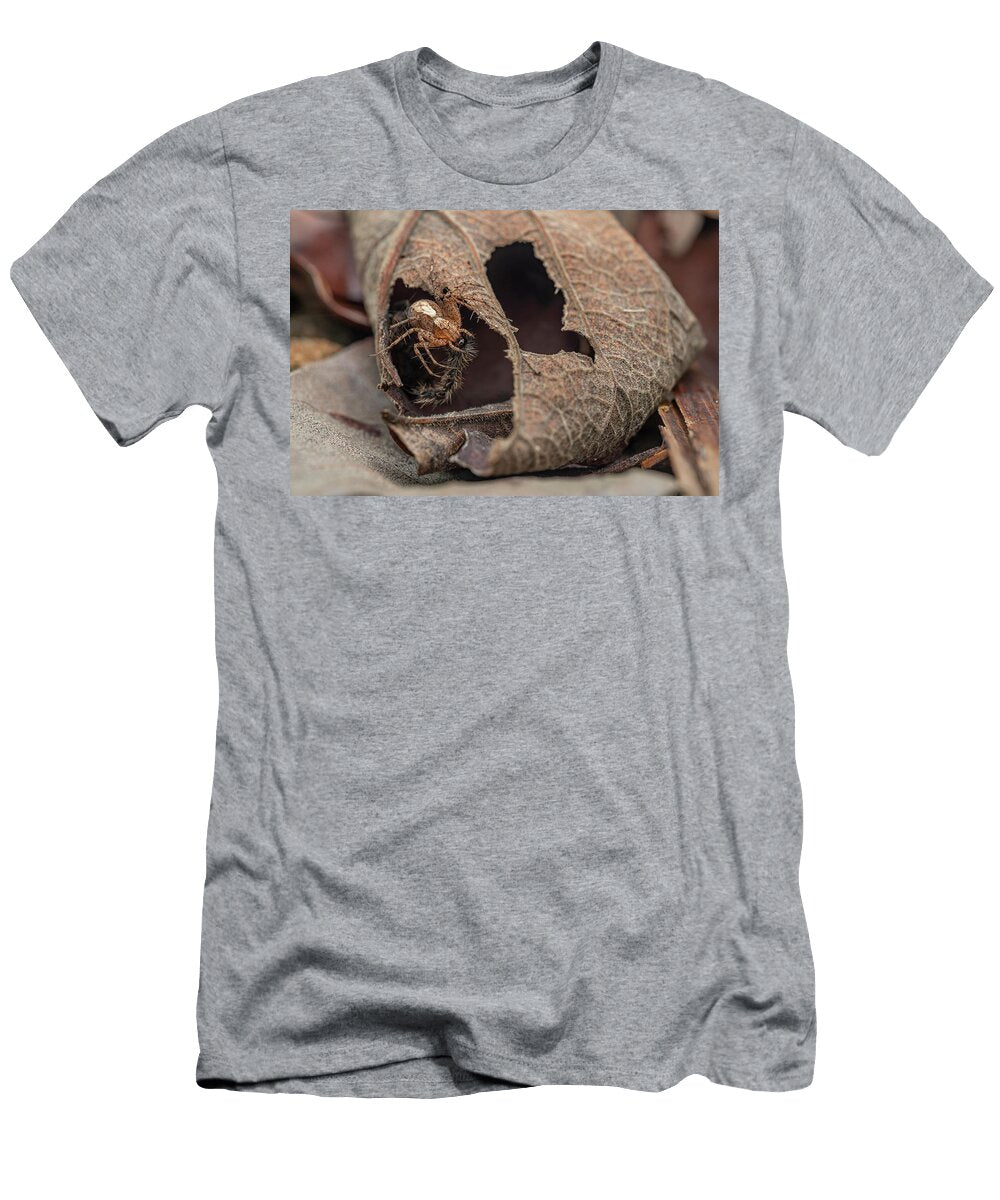 Lynx Spider Female in Dried Leaf Clutching Its Prey Roman Willi Natureplcom T-Shirt
