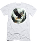 Majestic Bald Eagle Soars Salmon Clutched in Talons Over Misty Neupane Lalita T-Shirt