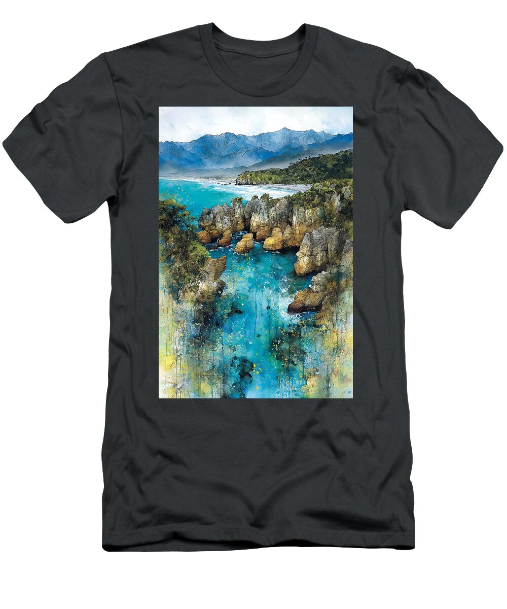 Majestic Mountain Coastline Punakaikis Skyline Pancake Rocks Nicholas Cummings T-Shirt