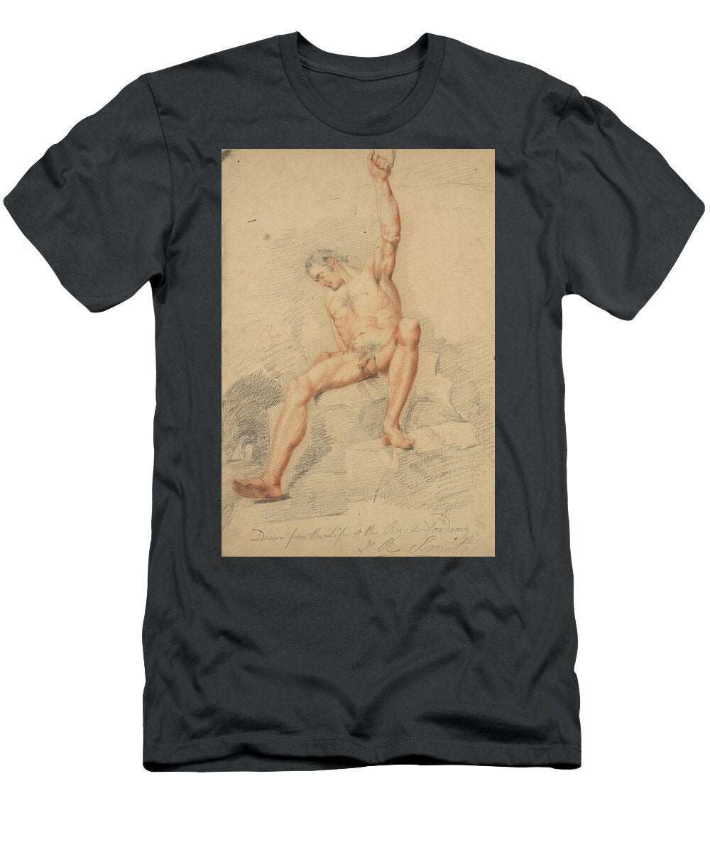 Male Figure Nude Seated Left Arm Upraised and Clutching Rope Seen From Front John Rubens Smith T-Shirt