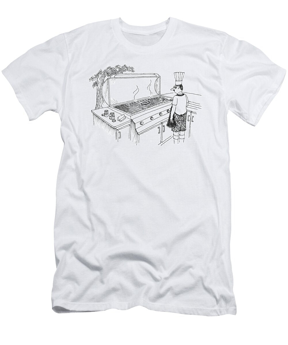 Man Cooking a Single Sausage on a Very Large Barbeque Joseph Farris No Index T-Shirt