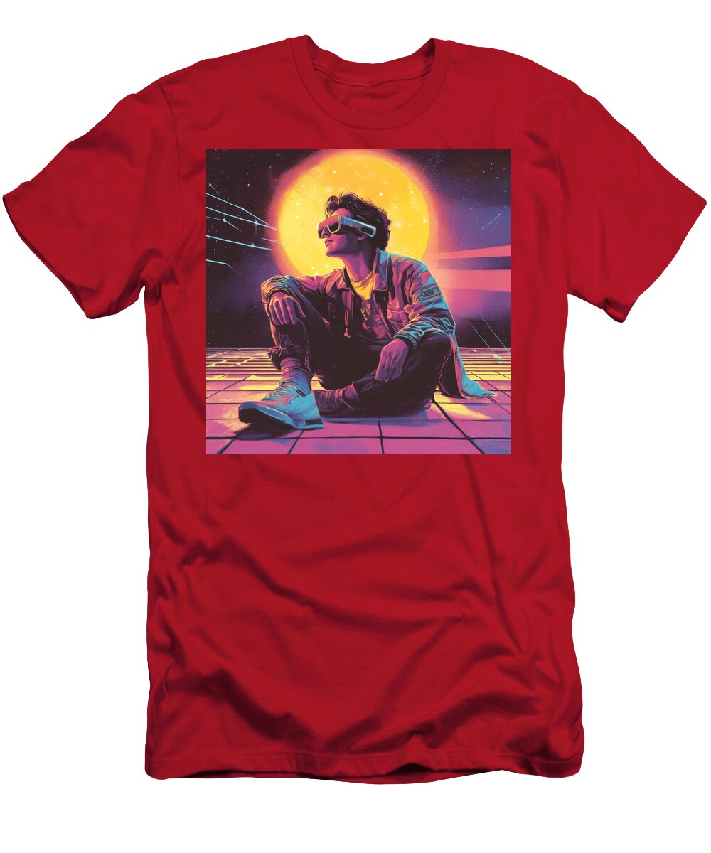 Man in Vr Headset Under Glowing Sun Retro Futuristic Style Audre Trillow T-Shirt