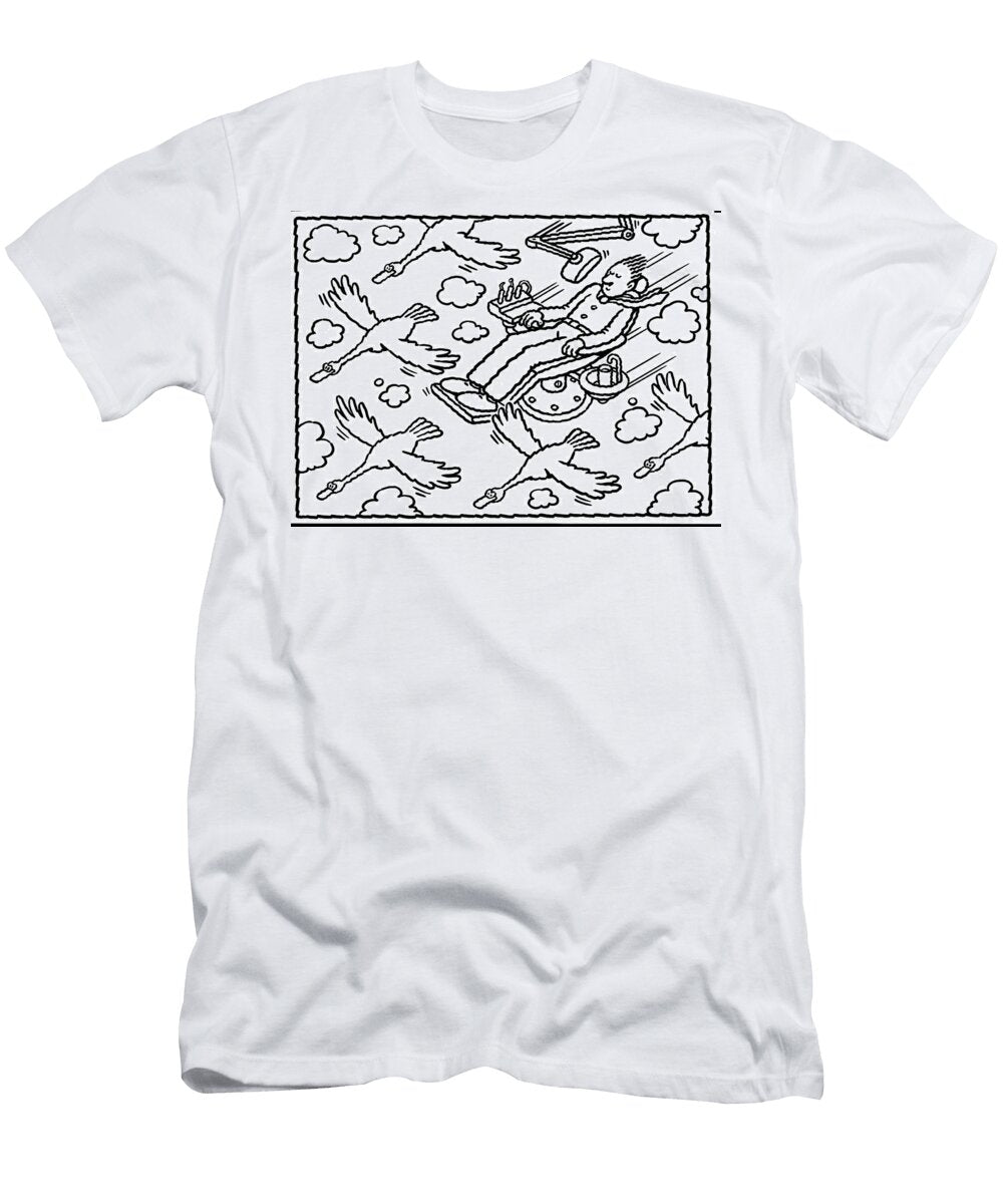 Man on a Flying Machine Amongst a Flock of Birds Ellis Nadler T-Shirt