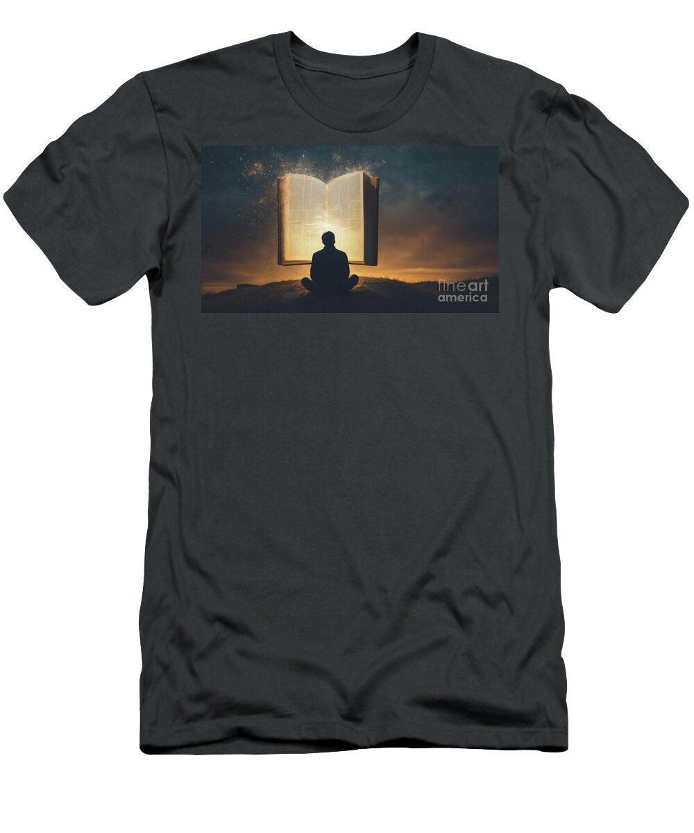 Man Reading a Boo Glowing Light Symbolizing Knowledge Imaginat Turgay Koca T-Shirt