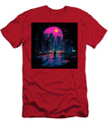 Man Walking Towards Neon Lit Futuristic City Under Pink Moon Reider Xonia T-Shirt
