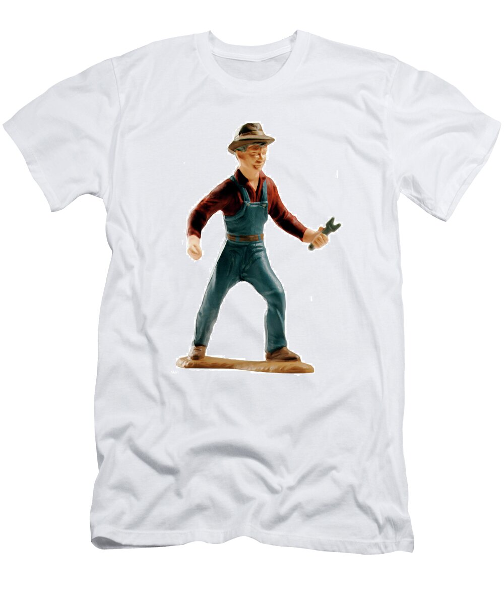 Man Wearing Overalls and Holding Wrench Csa Images T-Shirt