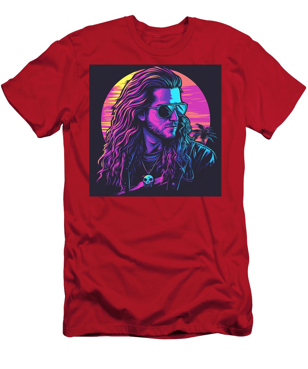 Man with Long Hair Sunglasses and Skull Necklace Against a Ret Olivia Lissa T-Shirt