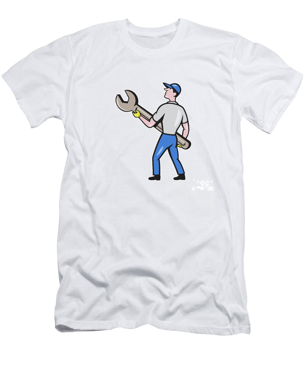 Mechanic Carrying Giant Spanner Cartoon Aloysius Patrimonio T-Shirt