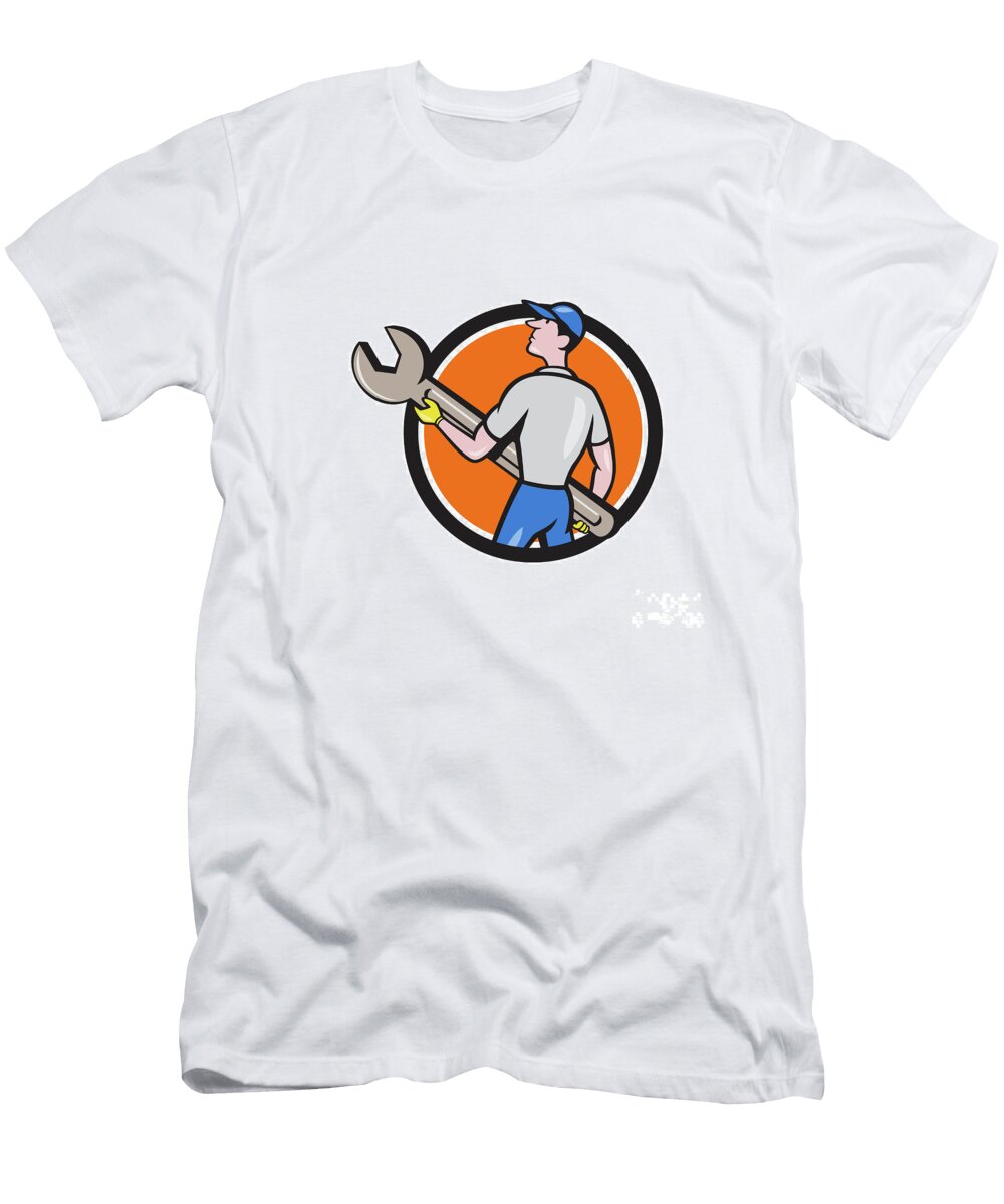 Mechanic Carrying Giant Spanner Circle Cartoon Aloysius Patrimonio T-Shirt