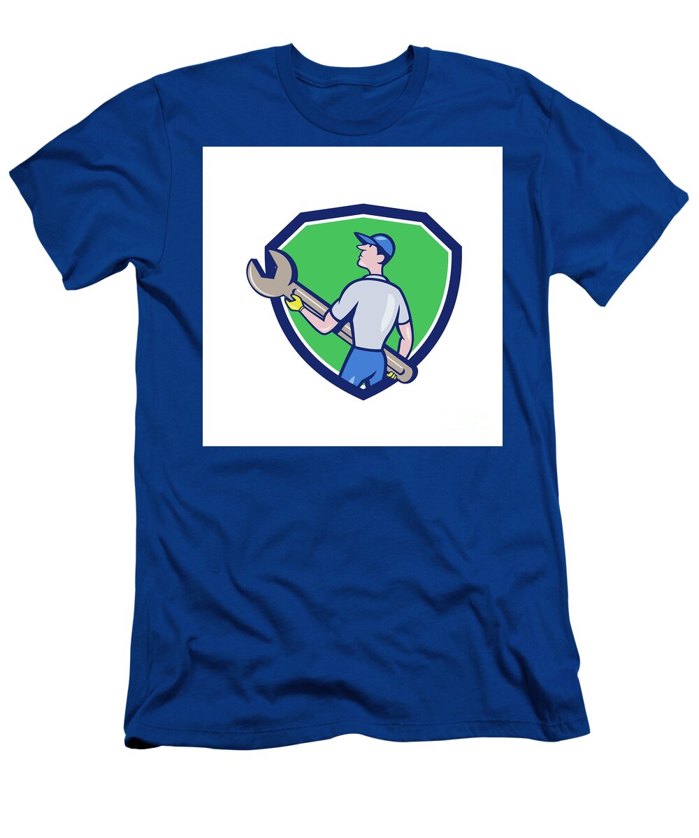 Mechanic Carrying Giant Spanner Crest Cartoon Aloysius Patrimonio T-Shirt
