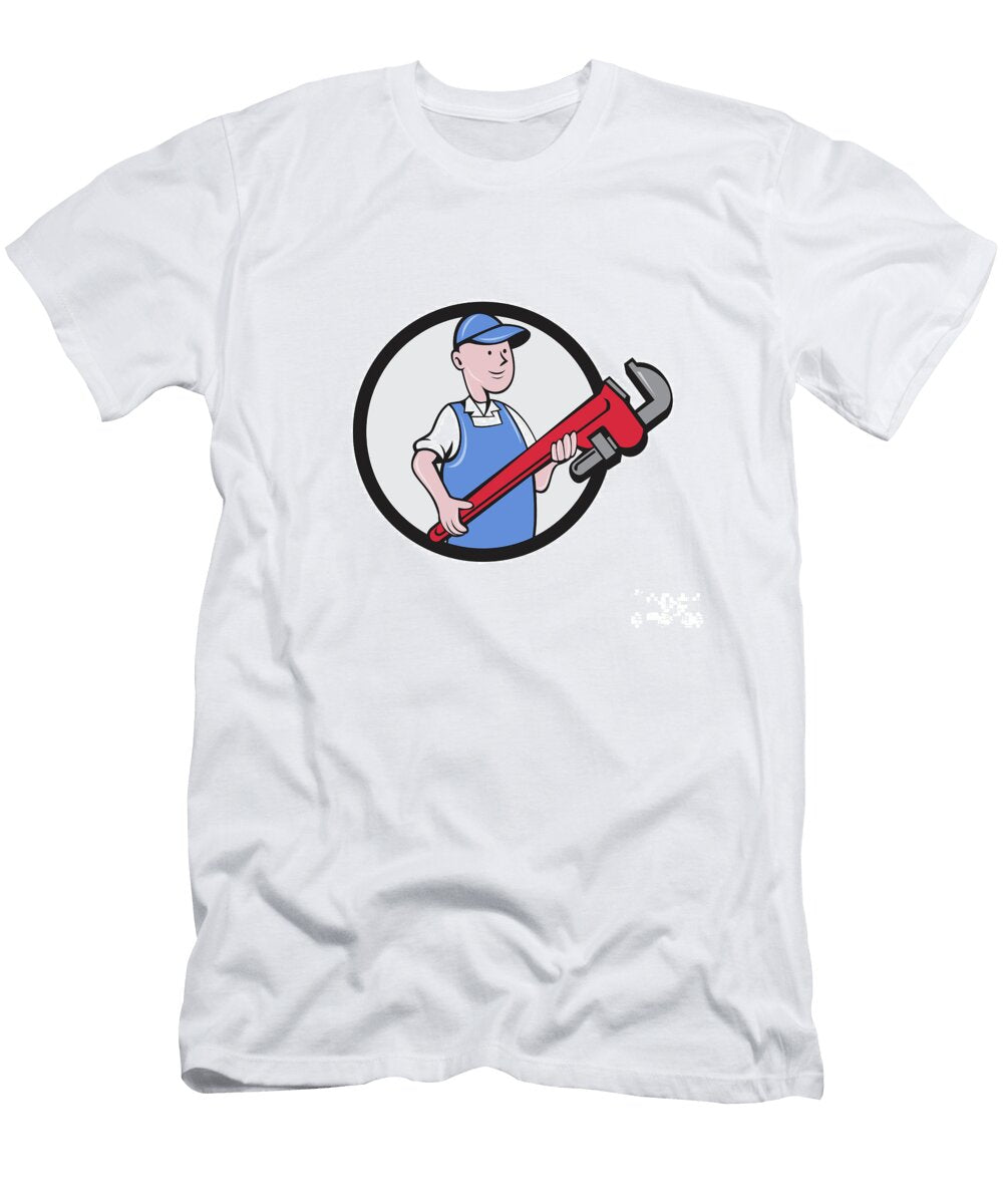 Mechanic Cradling Pipe Wrench Circle Cartoon Aloysius Patrimonio T-Shirt