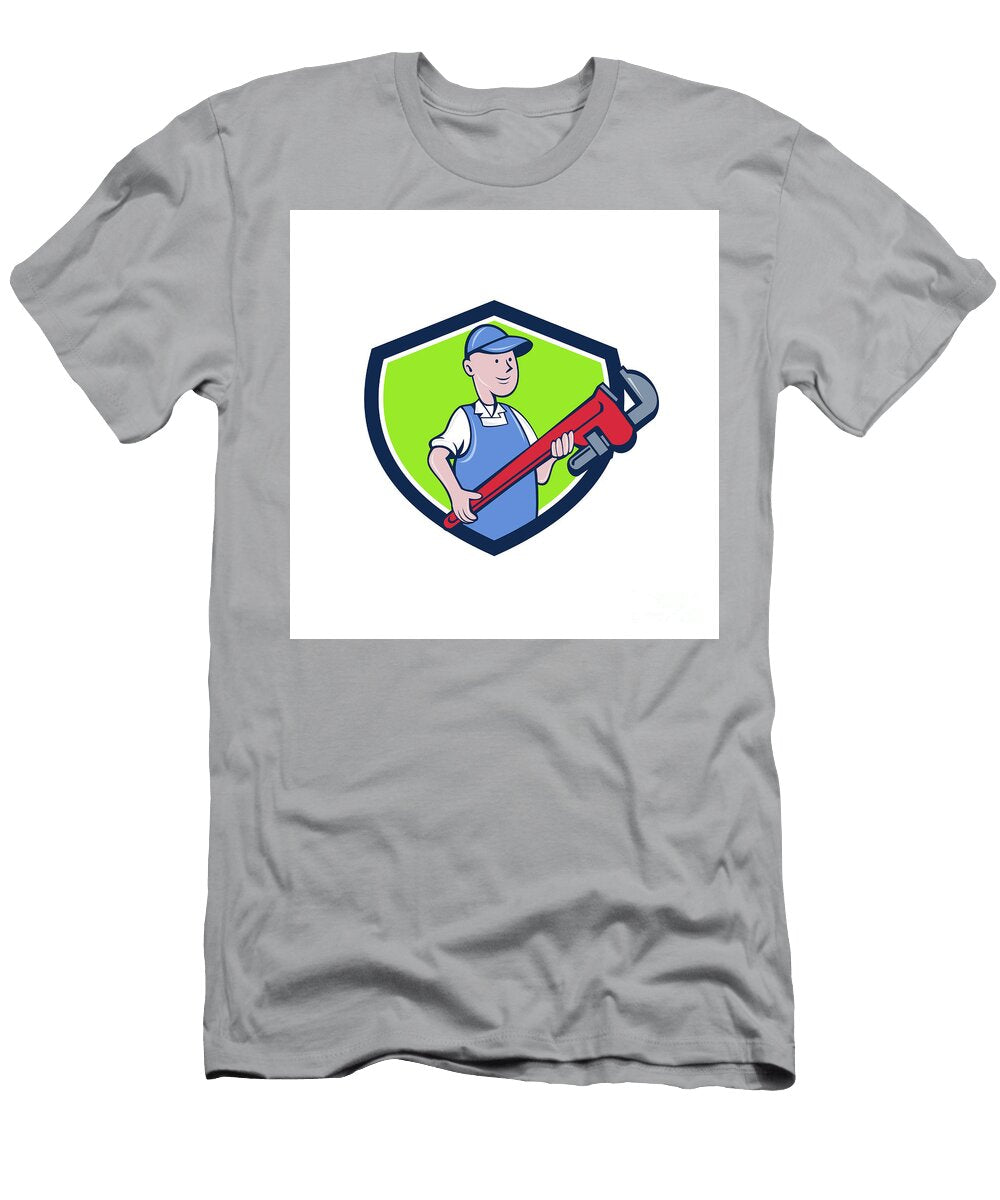 Mechanic Cradling Pipe Wrench Crest Cartoon Aloysius Patrimonio T-Shirt