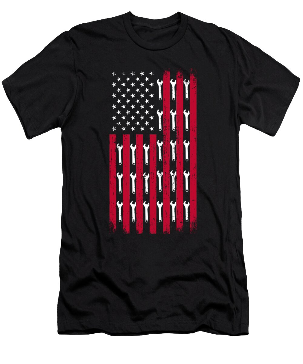 Mechanic Gift Patriotic American Flag Gift Wrench and Ruler American Flag Kanig Designs T-Shirt