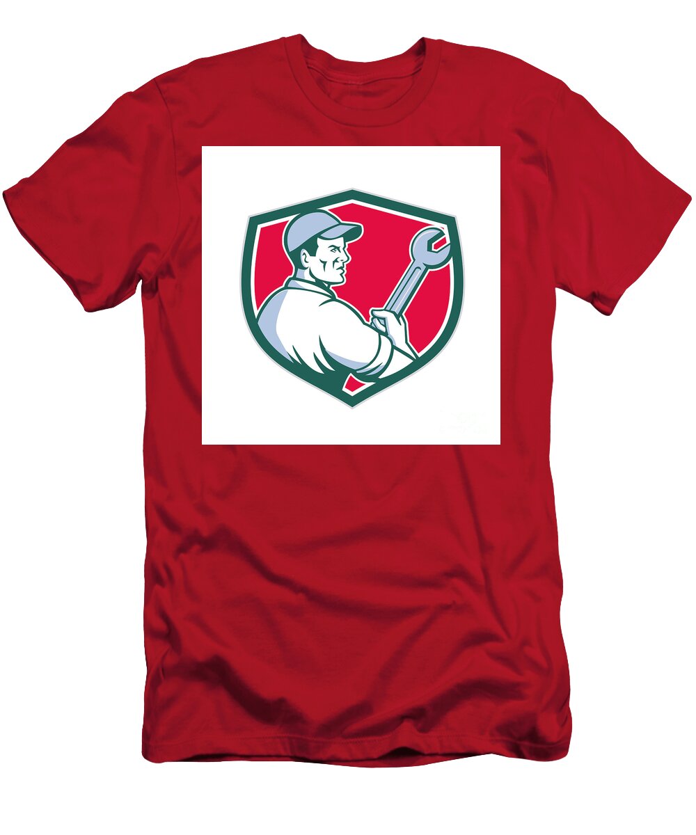 Mechanic Holding Monkey Wrench Shield Retro Aloysius Patrimonio T-Shirt