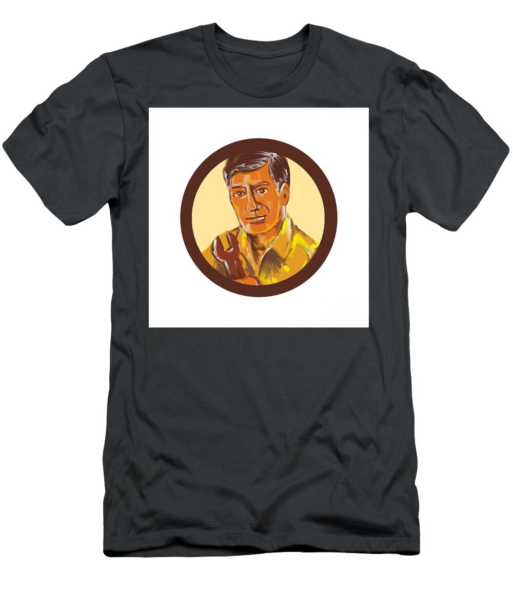 Mechanic Holding Spanner Circle Watercolor Aloysius Patrimonio T-Shirt