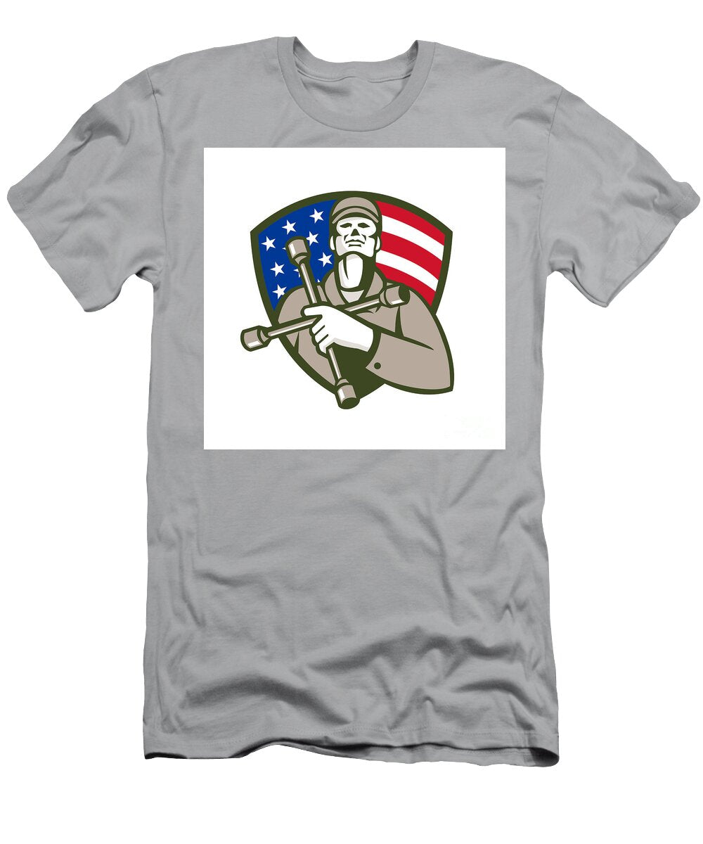 Mechanic Holding Tire Wrench USA Flag Shield Retro Aloysius Patrimonio T-Shirt