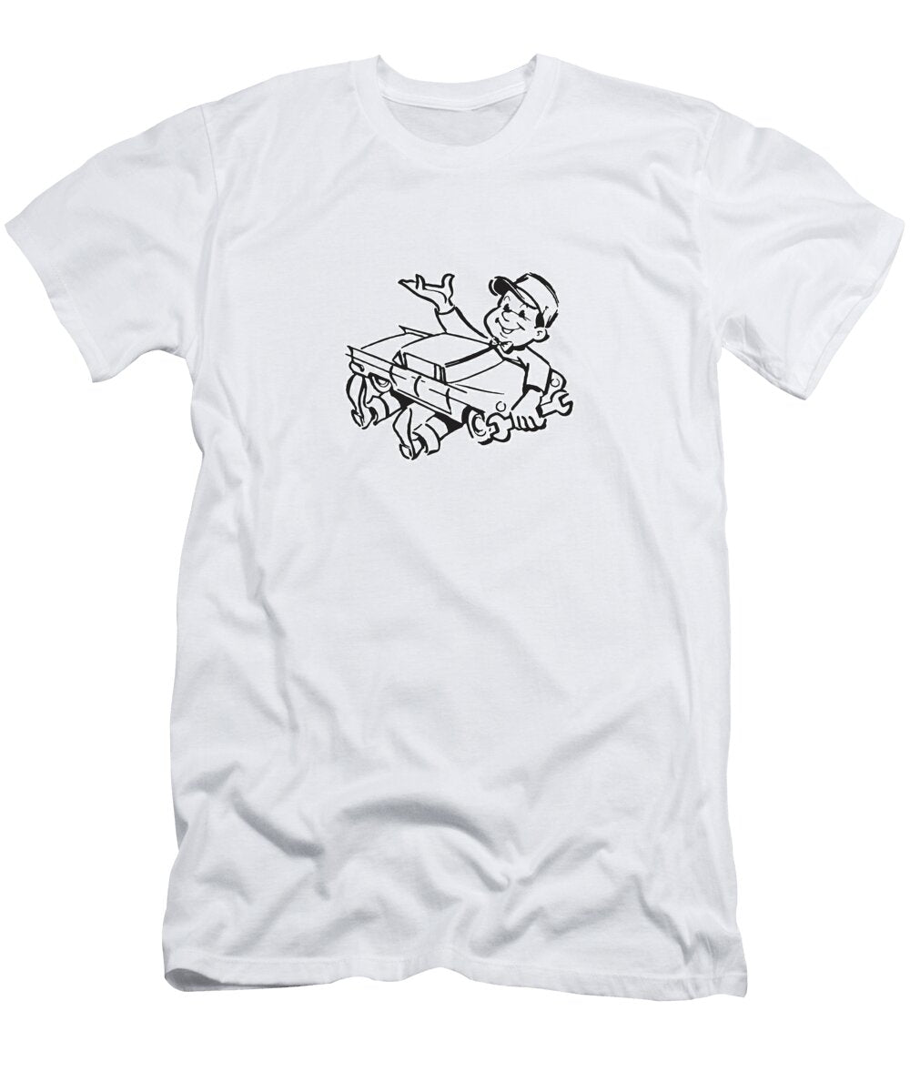 Mechanic Holding Wrench and Undersized Car on Lap Csa Images T-Shirt