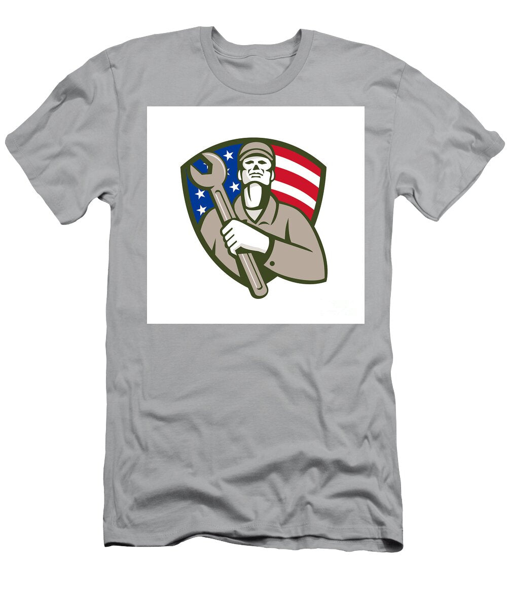 Mechanic Holding Wrench USA Flag Shield Retro Aloysius Patrimonio T-Shirt
