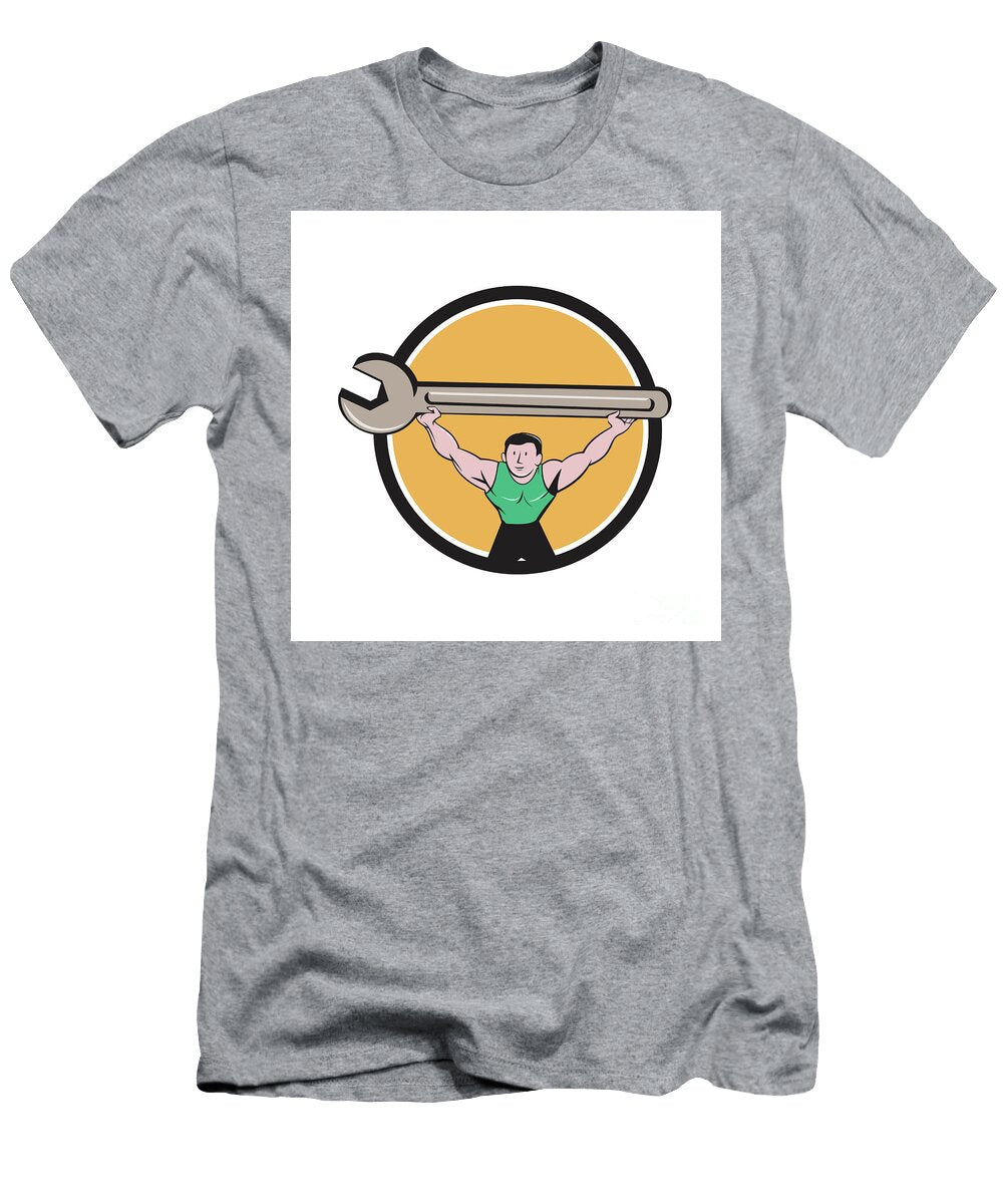 Mechanic Lifting Giant Spanner Wrench Circle Cartoon Aloysius Patrimonio T-Shirt