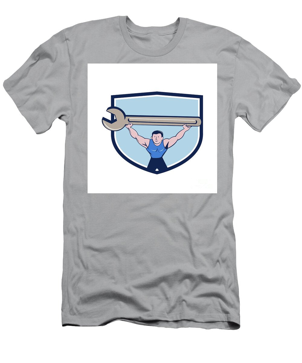Mechanic Lifting Giant Spanner Wrench Crest Cartoon Aloysius Patrimonio T-Shirt