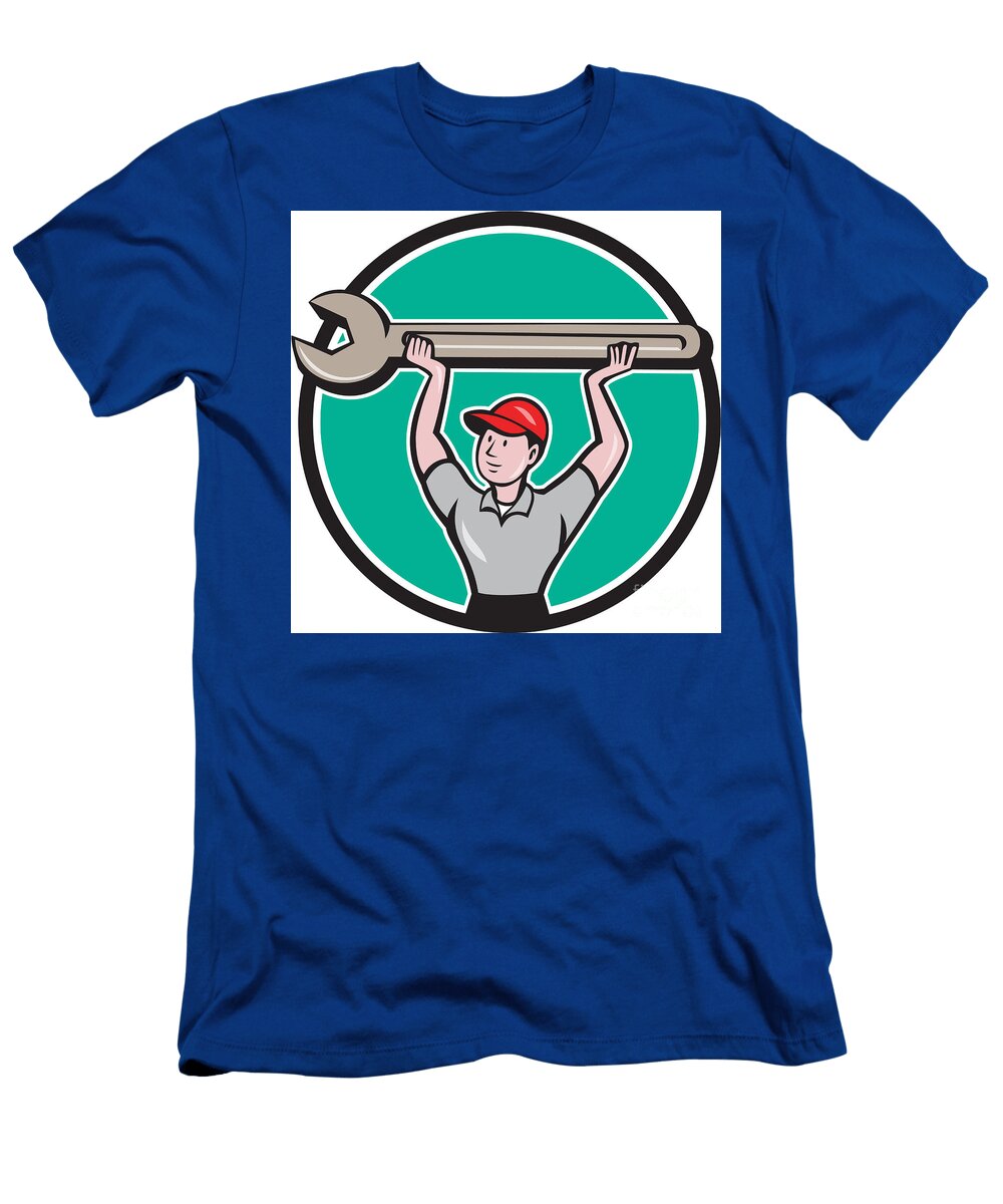 Mechanic Lifting Giant Wrench Circle Cartoon Aloysius Patrimonio T-Shirt