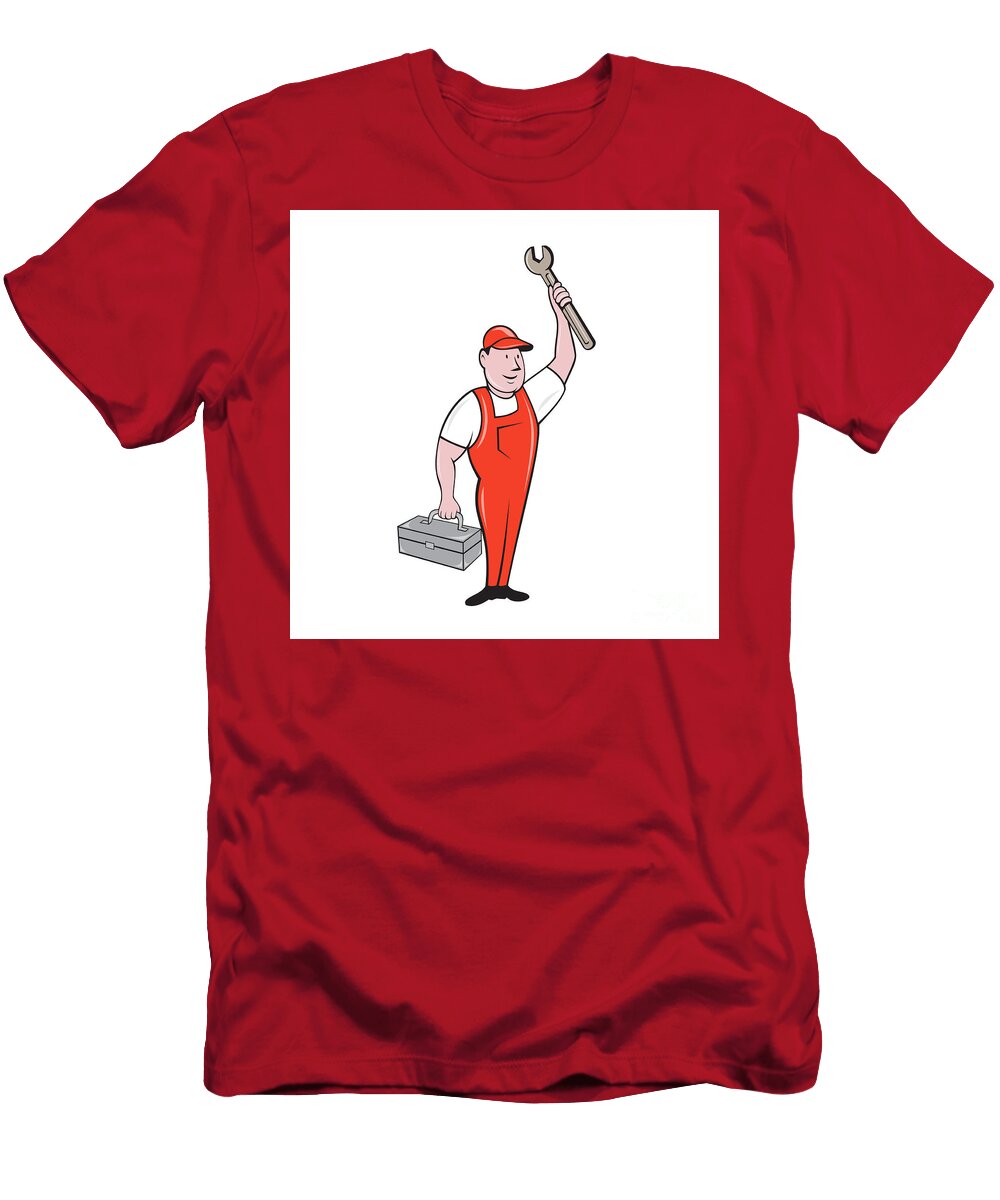 Mechanic Raising Wrench Holding Toolbox Cartoon Aloysius Patrimonio T-Shirt