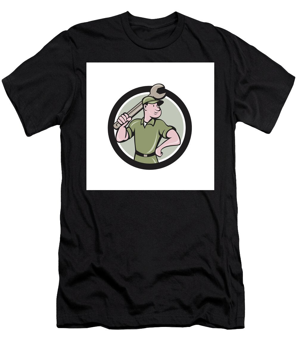 Mechanic Wielding Spanner Circle Cartoon Aloysius Patrimonio T-Shirt