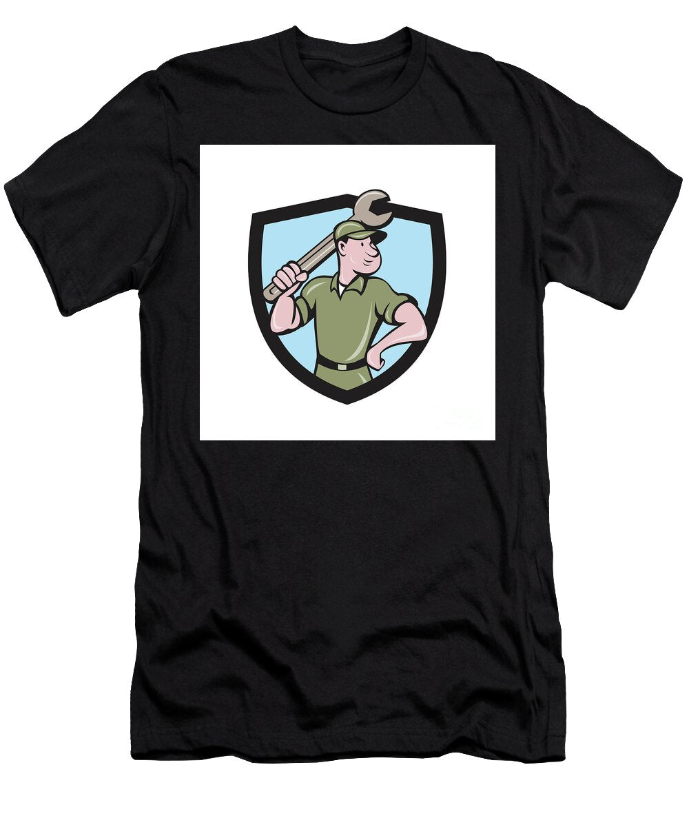 Mechanic Wielding Spanner Crest Cartoon Aloysius Patrimonio T-Shirt