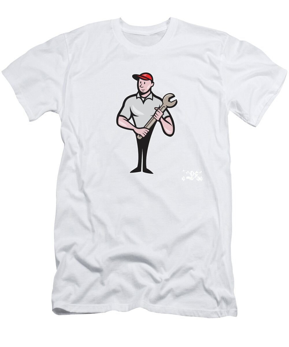 Mechanic Worker Standing Carrying Spanner Cartoon Aloysius Patrimonio T-Shirt