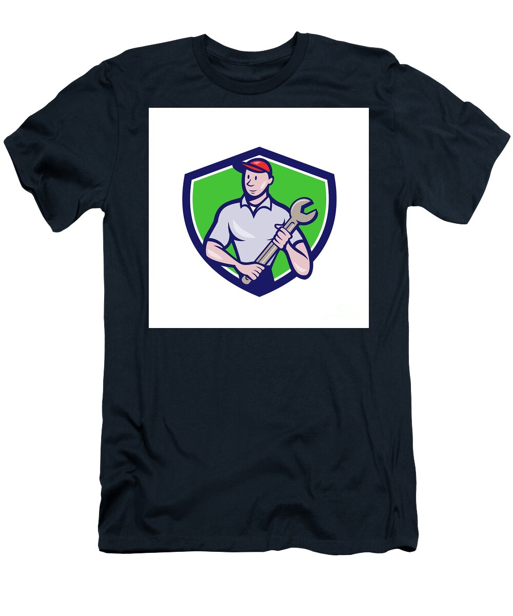 Mechanic Worker Standing Spanner Crest Cartoon Aloysius Patrimonio T-Shirt