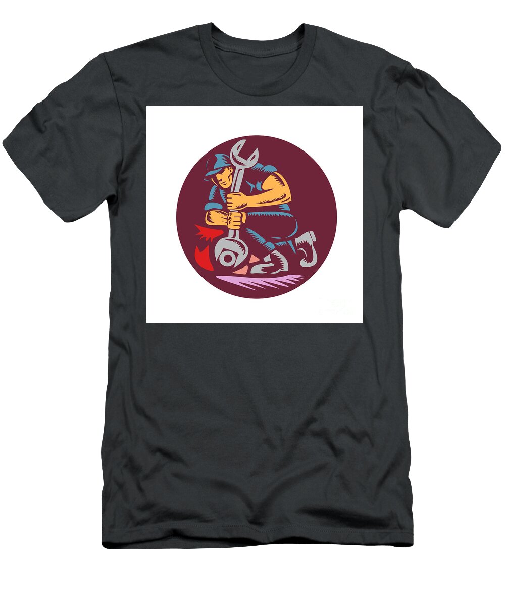 Mechanic Wrench Unscrewing Circle Woodcut Aloysius Patrimonio T-Shirt