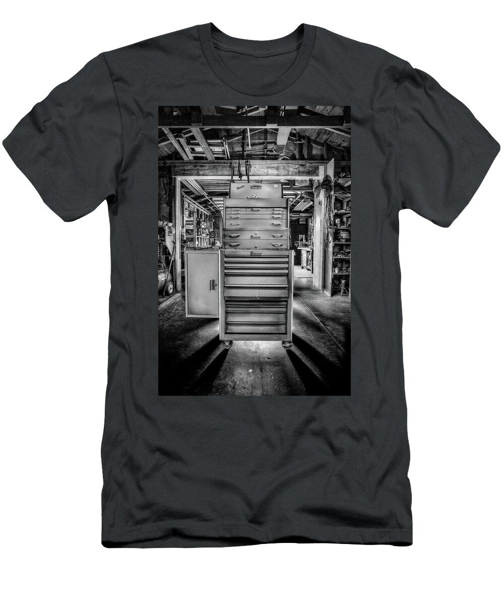 Mechanics Toolbox Cabinet Stack in Garage Shop in Bw Yopedro T-Shirt