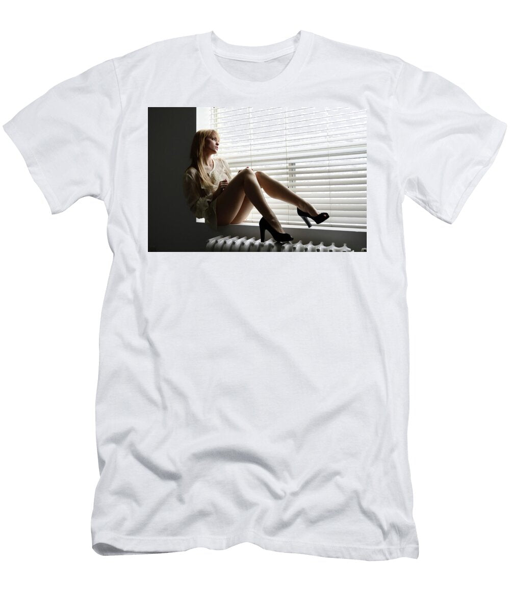 Melancholy Women in High Heels Sitting on a Ledge Looking Out Th Reimar Gaertner T-Shirt