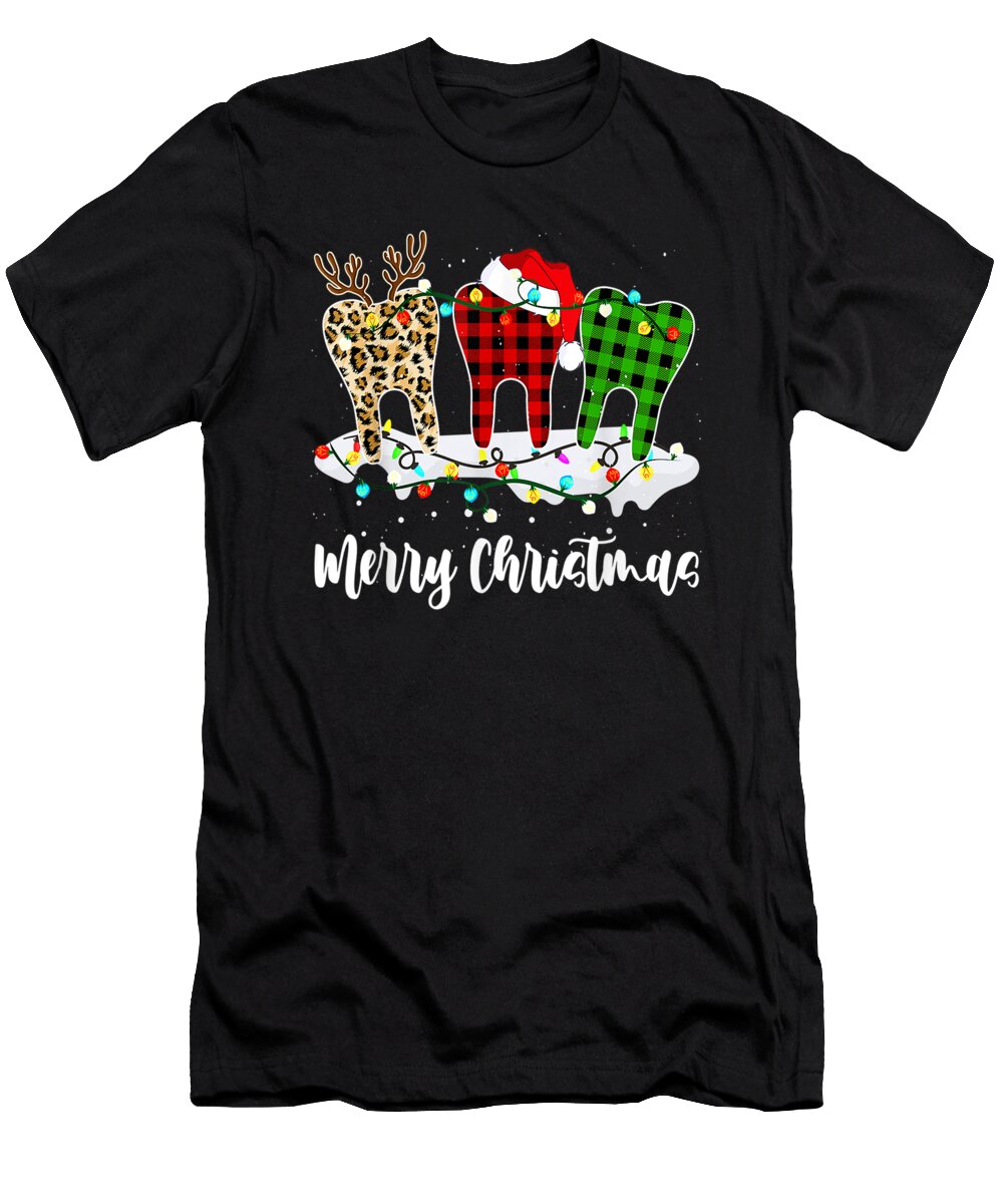 Merry Christmas Dentist Teeth Santa Hat Xmas Leopard Plaid Th T-Shirt
