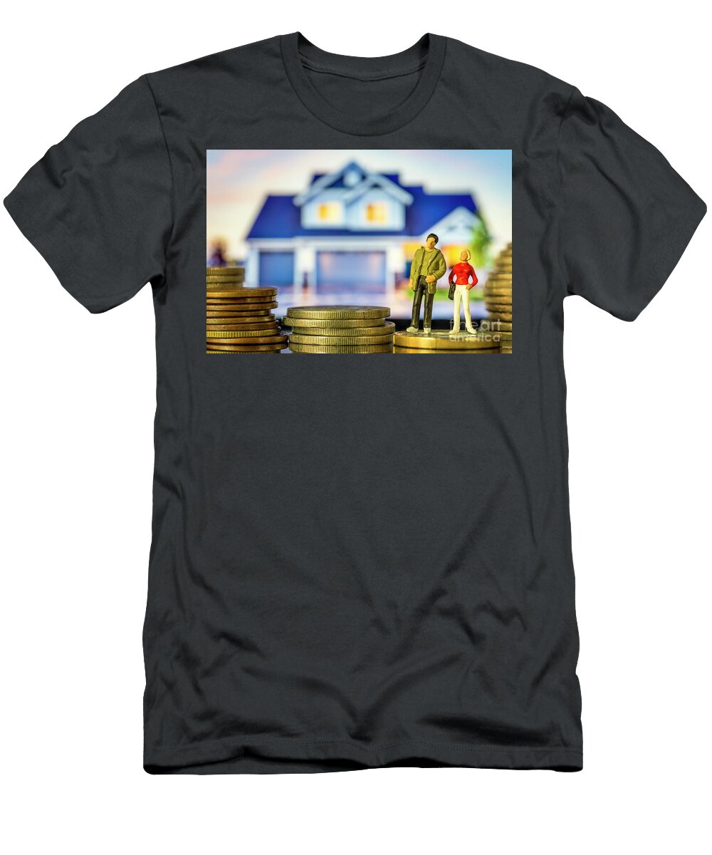 Miniature People Young Couple Standing on Coin Stack in Front of House Concept of Home Equity Mortgage Interest Rates Financial Planning Macro Pablo Avanzini T-Shirt