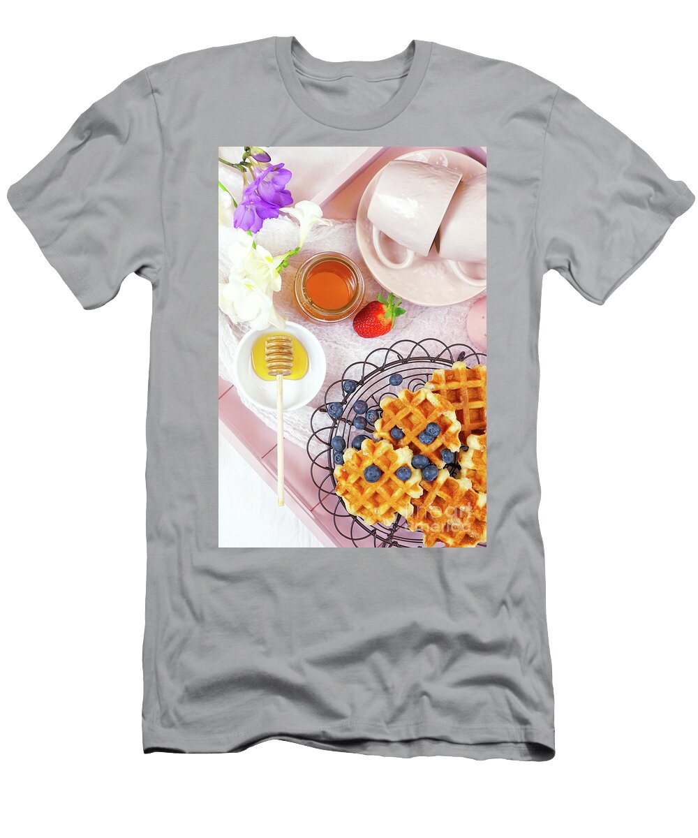 Modern Blush Pink Breakfast Tray with Waffles Honey and Fruit Flatlay Milleflore Images T-Shirt