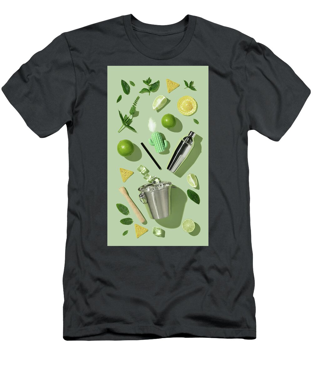 Mojito Cocktail Concept Flat Lay on Green Background Natalia Klenova T-Shirt