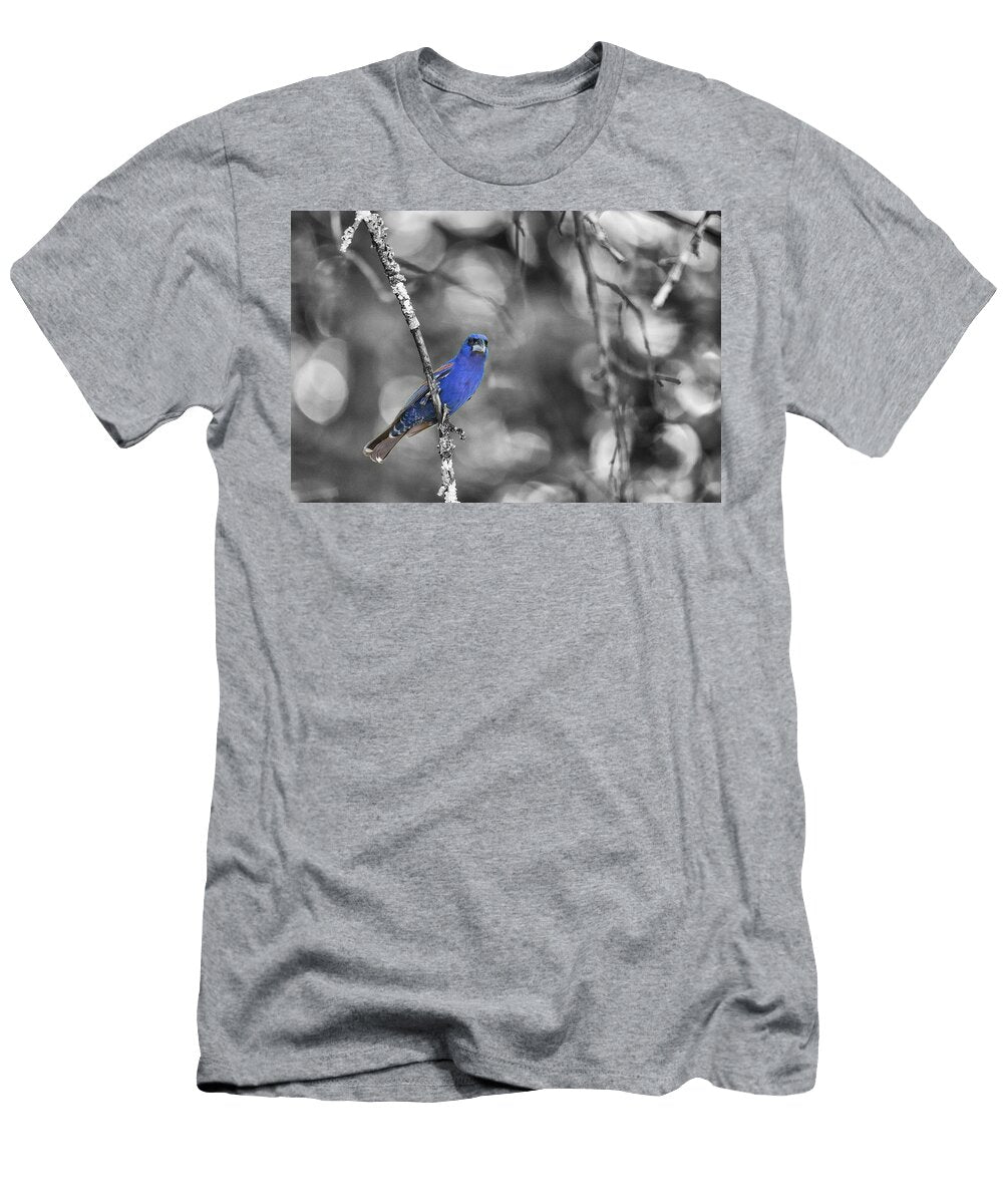Monochrome View of Male Blue Grosbeak Clutching Tree Branch Charles Floyd T-Shirt