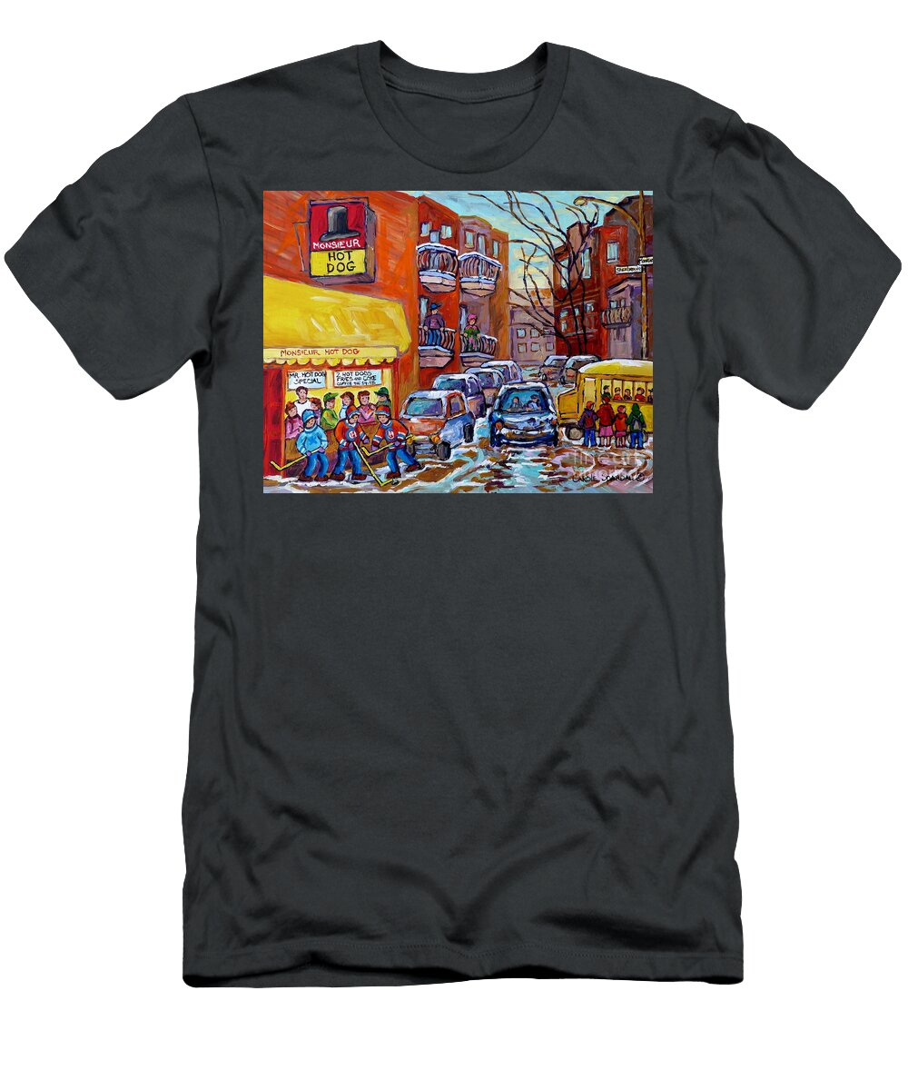 Monsieur Hot Dog Montreal 375 Canadian Hockey Art Painting Carole Spandau Winter City Scenes Carole Spandau T-Shirt