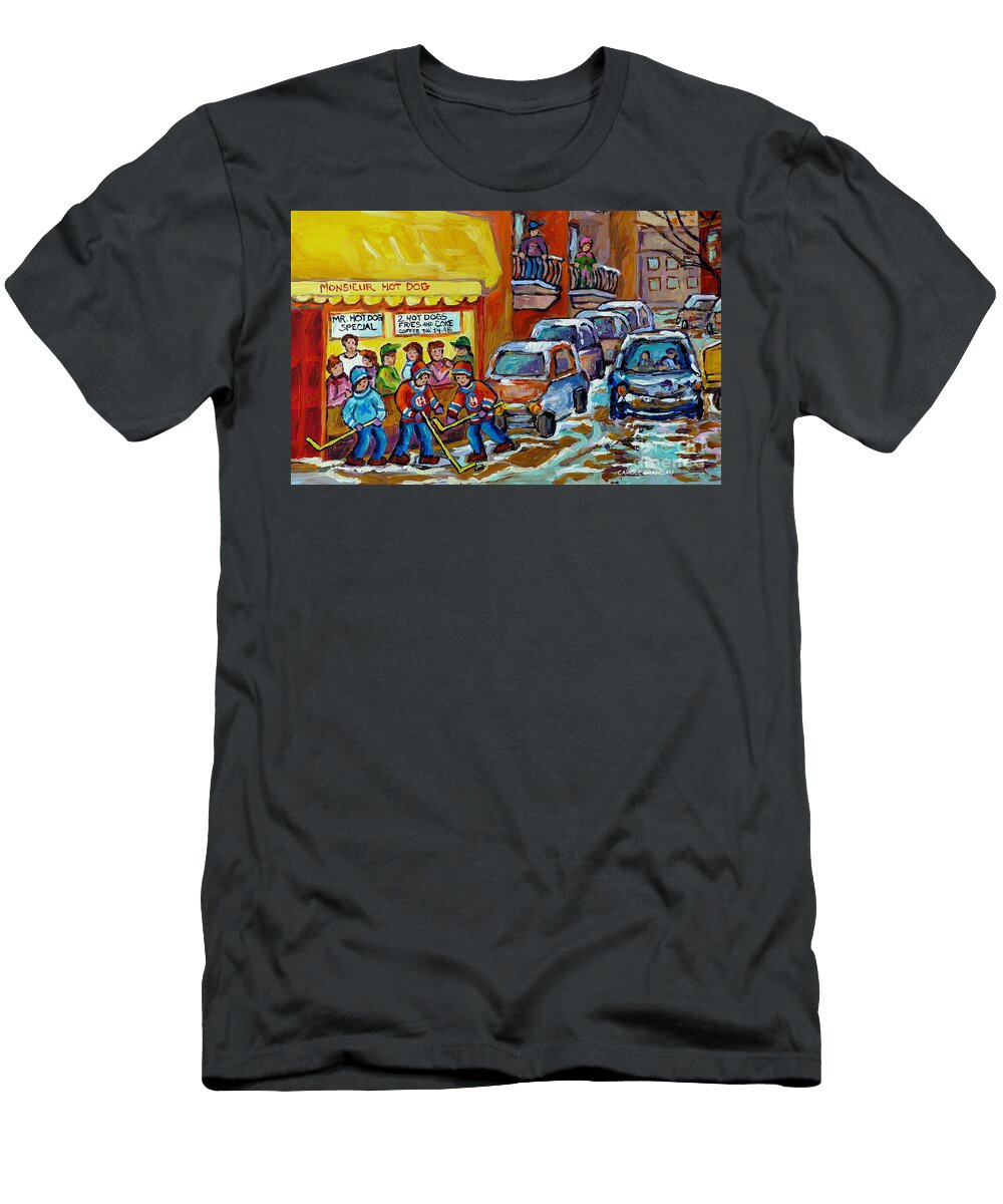 Montreal Hockey Scene Near Monsieur Hot Dog Vintage Restaurant Canadian Art Carole Spandau Carole Spandau T-Shirt